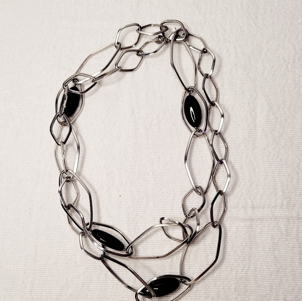 Simona Collini Stainless Steel Silver Necklace With Black Onyx Gemstone 34”inch